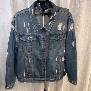 Jack + Avery Distressed Denim Jacket Blue Button Down Jean Jacket Plus Size 2X